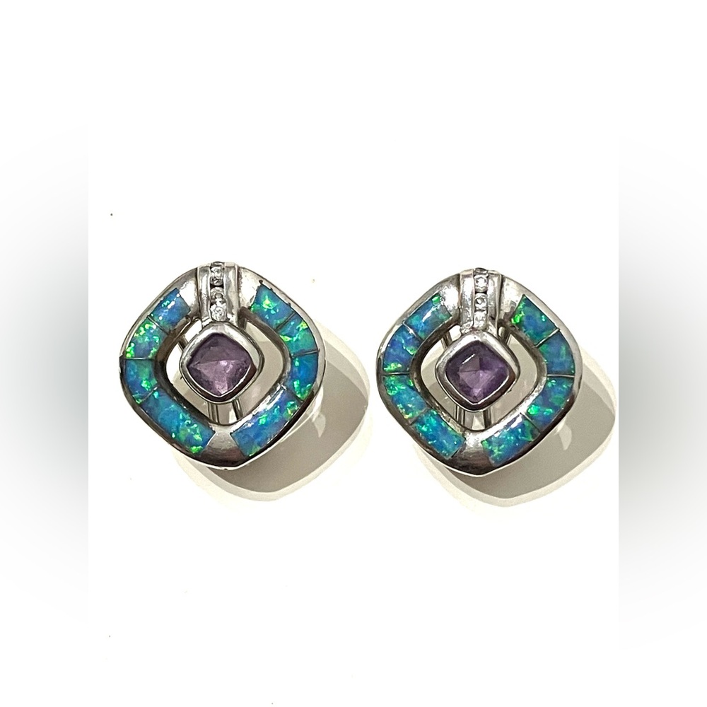 Sterling Silver Opal Inlay Amethyst Earrings